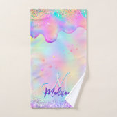 Chic holographic unicorn dripping glitter monogram bad handdoek (Handdoek)