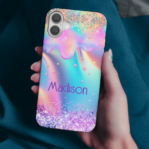 Chic holographic unicorn dripping glitter monogram iPhone 16 hoesje