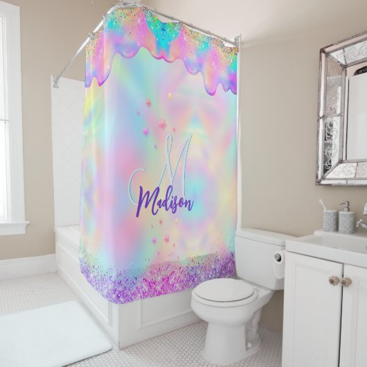 Chic holographic unicorn dripping glitter monogram douchegordijn (In situ)