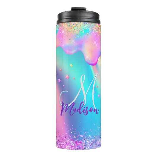 Chic holographic unicorn dripping glitter monogram thermosbeker (Voorkant)
