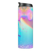 Chic holographic unicorn dripping glitter monogram thermosbeker (Geroteerd rechts)