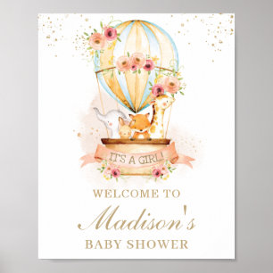 Chic Hot Air Balloon Baby shower Animals Welkom Poster