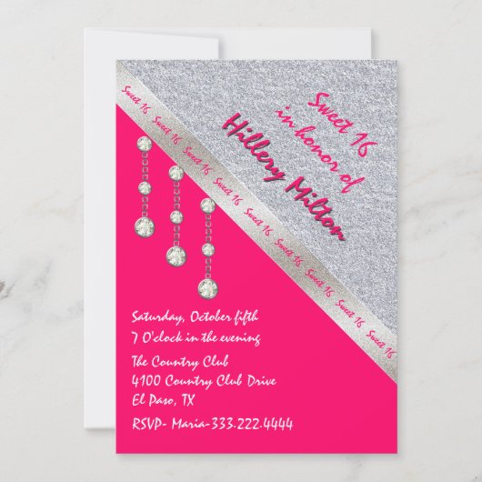 Chic Hot Pink et Silver Sweet 16 Invitation (Devant)