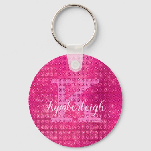 Chic Hot Pink Glam Diamond Sparkle Monogram Naam Sleutelhanger (Voorkant)