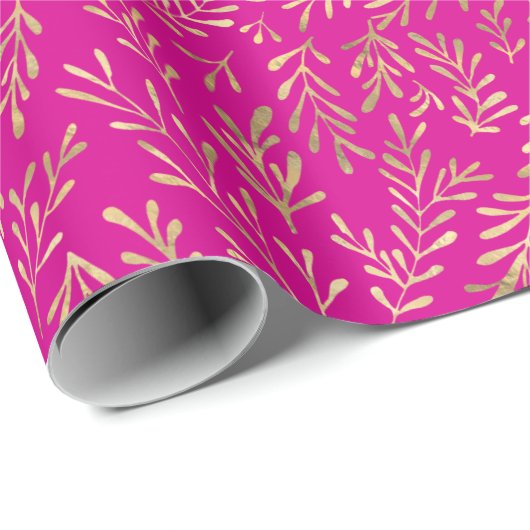 Chic Hot Pink Gold Foliage Patroon  Cadeaupapier (Rol Hoek)