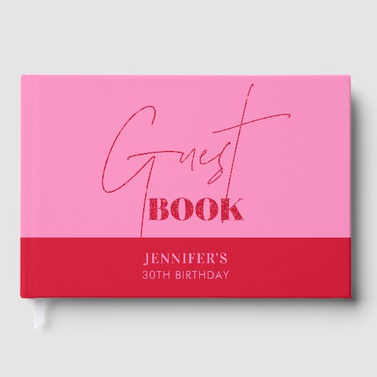 Chic Hot Pink Red Script Verjaardag Gastboek Gastenboek (Voorkant)