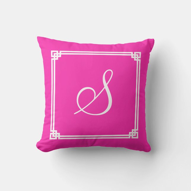 Chic Hot Pink Square Notched Border Monogrammed Kussen (Voorkant)