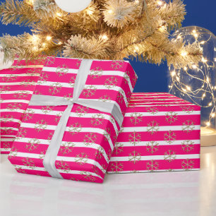 Chic hot pink white gold stripes and snowflakes cadeaupapier
