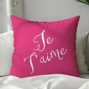 Chic Hot Pink & Witte Je T'aime Franse typografie Kussen