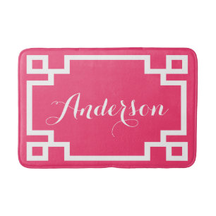 Chic Hot Roze en Witte Griekse Key Custom Monogram Badmat