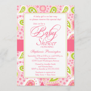 Chic hot roze groene paisley baby shower-uitnodigi kaart