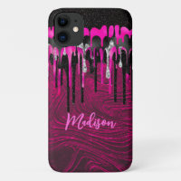 Chic hot roze zwarte glitter druppelt monogram af