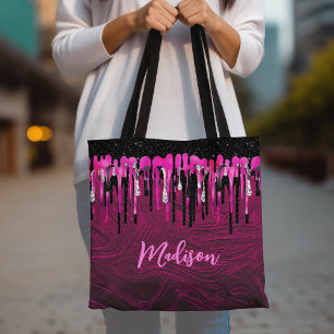 Chic hot roze zwarte glitter druppelt monogram af draagtas