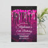 Chic hot roze zwarte glitter druppelt monogram af kaart (Staand voorkant)