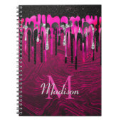 Chic hot roze zwarte glitter druppelt monogram af notitieboek (Voorkant)