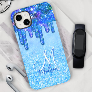 Chic ice blue ombre glitter druppelt monogram note Case-Mate iPhone 14 hoesje