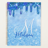 Chic ice blue ombre glitter druppelt monogram note planner (Voorkant)