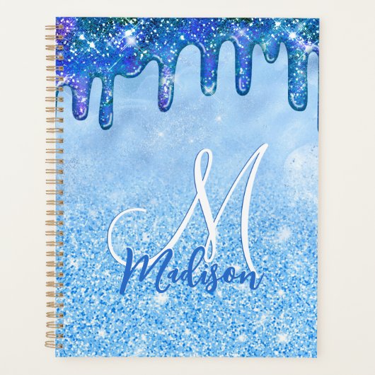 Chic ice blue ombre glitter druppelt monogram note planner (Voorkant)