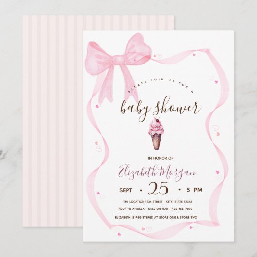Chic Ice Cream Bow Gestreept Baby shower Kaart (Voorkant / Achterkant)