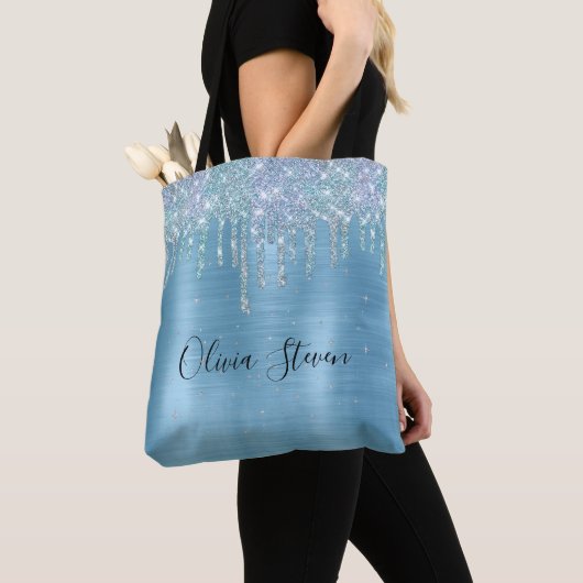 Chic-ijsblauw aqua dripping glitter monogram draagtas (Dichtbij)