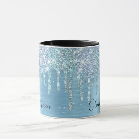 Chic-ijsblauw aqua dripping glitter monogram mok (Midden)