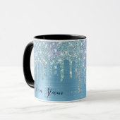 Chic-ijsblauw aqua dripping glitter monogram mok (Voorkant links)