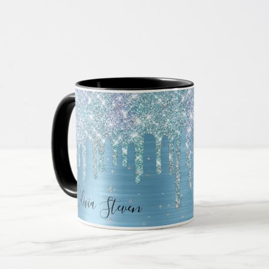 Chic-ijsblauw aqua dripping glitter monogram mok (Voorkant links)