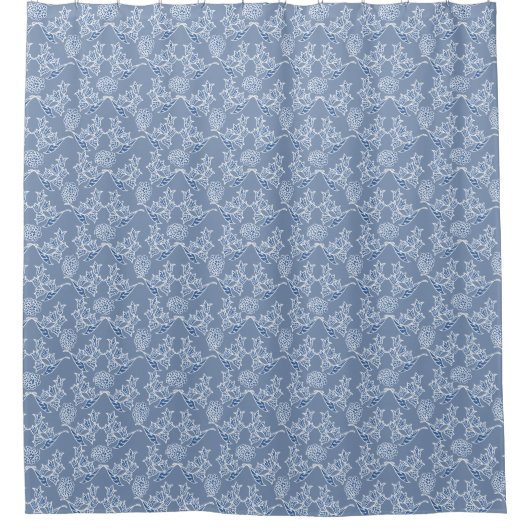 Chic Indigo Blauw Etnische Bloemen Print Douchegordijn (Voorkant)