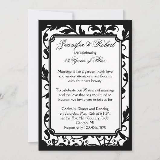 Chic invitation anniversaire noir et blanc damassé (Devant)