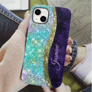 Chic Iridescent paars-blauwe faux-monogram Case-Mate iPhone 14 Hoesje