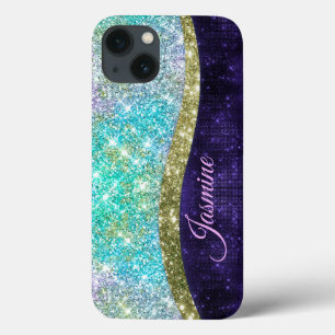 Chic Iridescent paars-blauwe faux-monogram iPhone 13 Hoesje