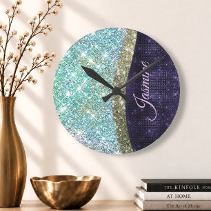 Chic Iridescent paars-blauwe faux-monogram Ronde Klok