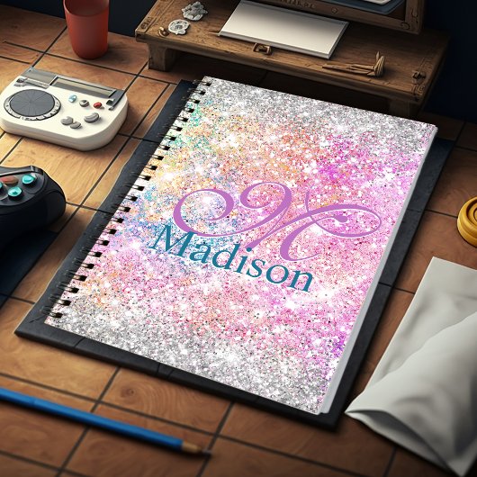 Chic iridescent roze faux glitter monogram notitieboek