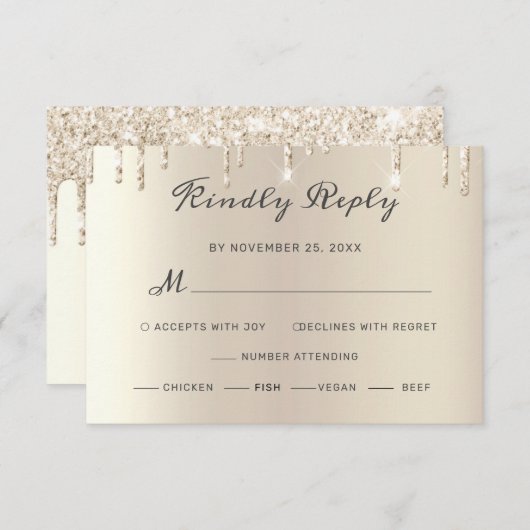 Chic Ivory Driving Glitter Elegant Script Wedding RSVP Kaartje (Voorkant / Achterkant)