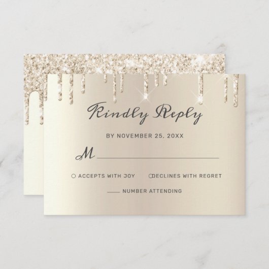 Chic Ivory Driving Glitter Elegant Script Wedding RSVP Kaartje (Voorkant / Achterkant)