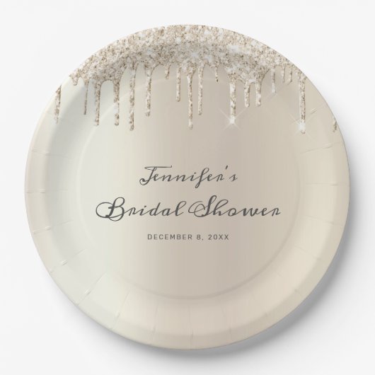 Chic Ivory Glitter Drips Script Vrijgezellenfeest Papieren Bordje (Voorkant)