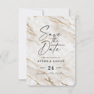 Chic Ivory White marmer met Gele Glitter Glyter Save The Date
