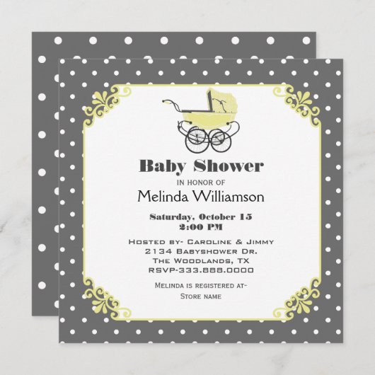 Chic Jaune Pram Baby shower Invitation (Devant / Derrière)
