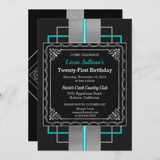 Chic Jazzy Silver Uitnodiging (Voorkant / Achterkant)