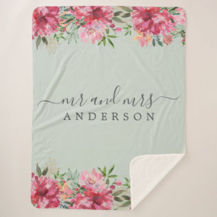 Chic Jonggehuwd Mr Mrs Roze Bloemen Monogram Sherpa Deken