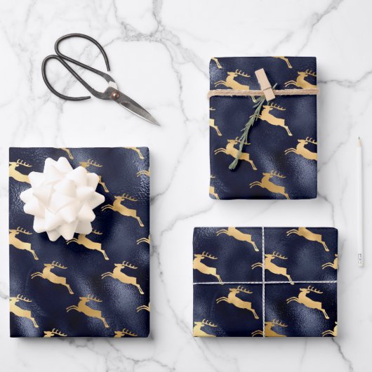 Chic Kerstdeer Pattern marine Blue Gold Foil Inpakpapier Vel (Voorkant)