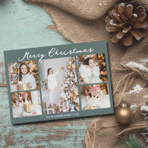 Chic Kerstmis Familie Fotocollage Grijs Groen Feestdagenkaart