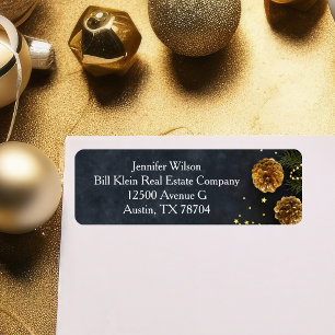 Chic Kerstmis Gold Pine Cone Black Return-adres Etiket