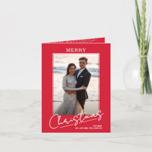 Chic Kerstmis Script op Rode Gevouwen Foto Feestdagen Kaart