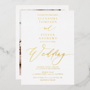 Chic klassiek calligrafie bruiloft wit goud folie uitnodiging