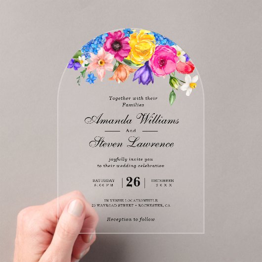 Chic kleurrijke heldere wilde bloemen bruiloft boo acryl uitnodigingen (Insitu (Draagbaar))