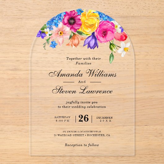 Chic kleurrijke heldere wilde bloemen bruiloft boo acryl uitnodigingen (Voorkant)