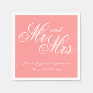 Chic koraal roze Mr. en Mrs. papier bruiloft serve Servet