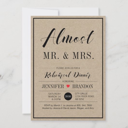 Chic Kraft Wedding Rehearsal Dinner Invitation Kaart (Voorkant)