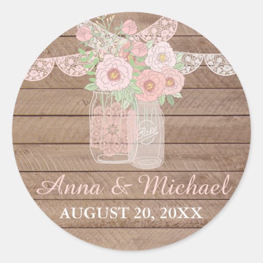 Chic Lace Mason Jar & Wood Wedding Sticker (Voorkant)